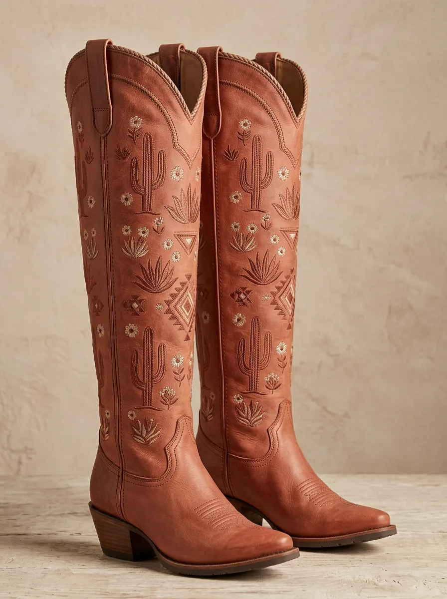Women's Cactus Floral Geometric Embroidered Pointed-Toe Block-Heel Western Denim Over-the-Knee Boots