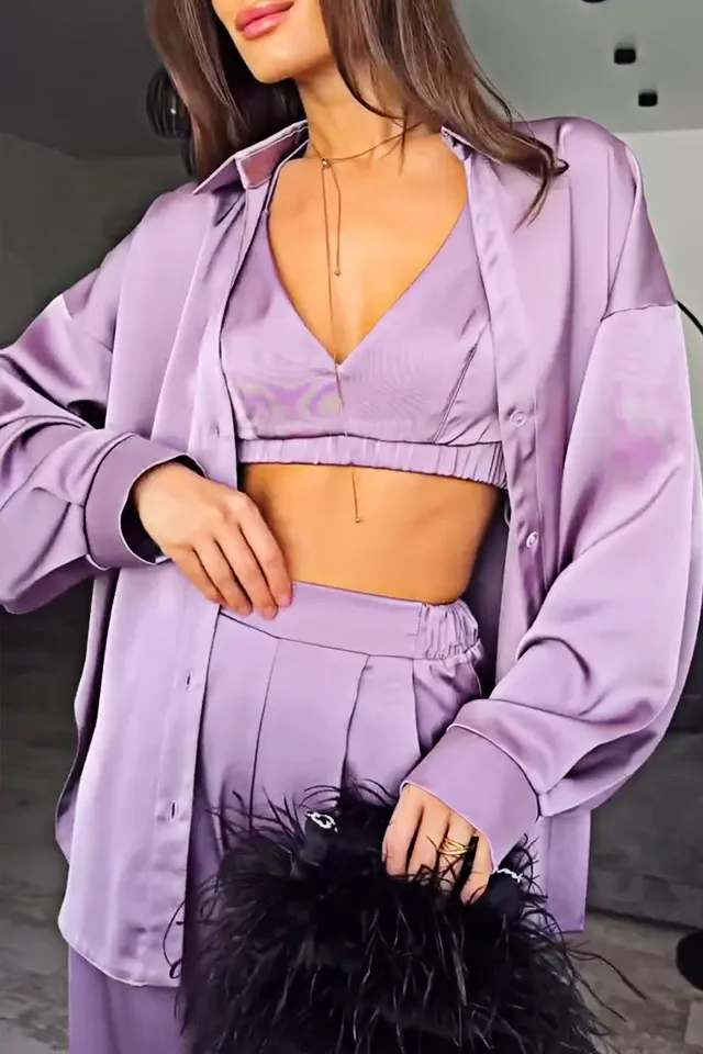 8PACK-Solid Color Silk Fabric Tank Top and Shirt and Pants Three Piece Set