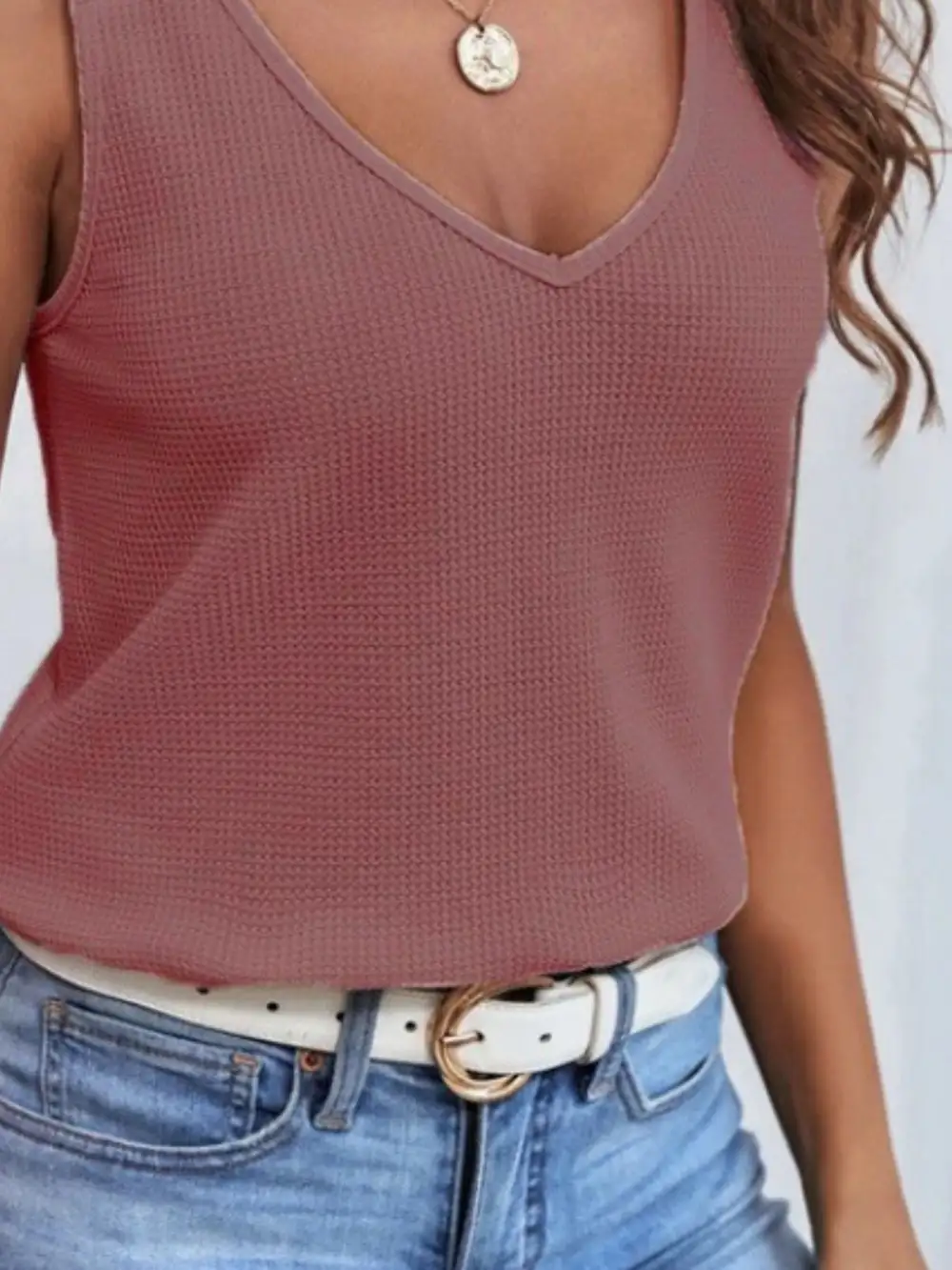 Full Size Lace Trim V Neck Waffle