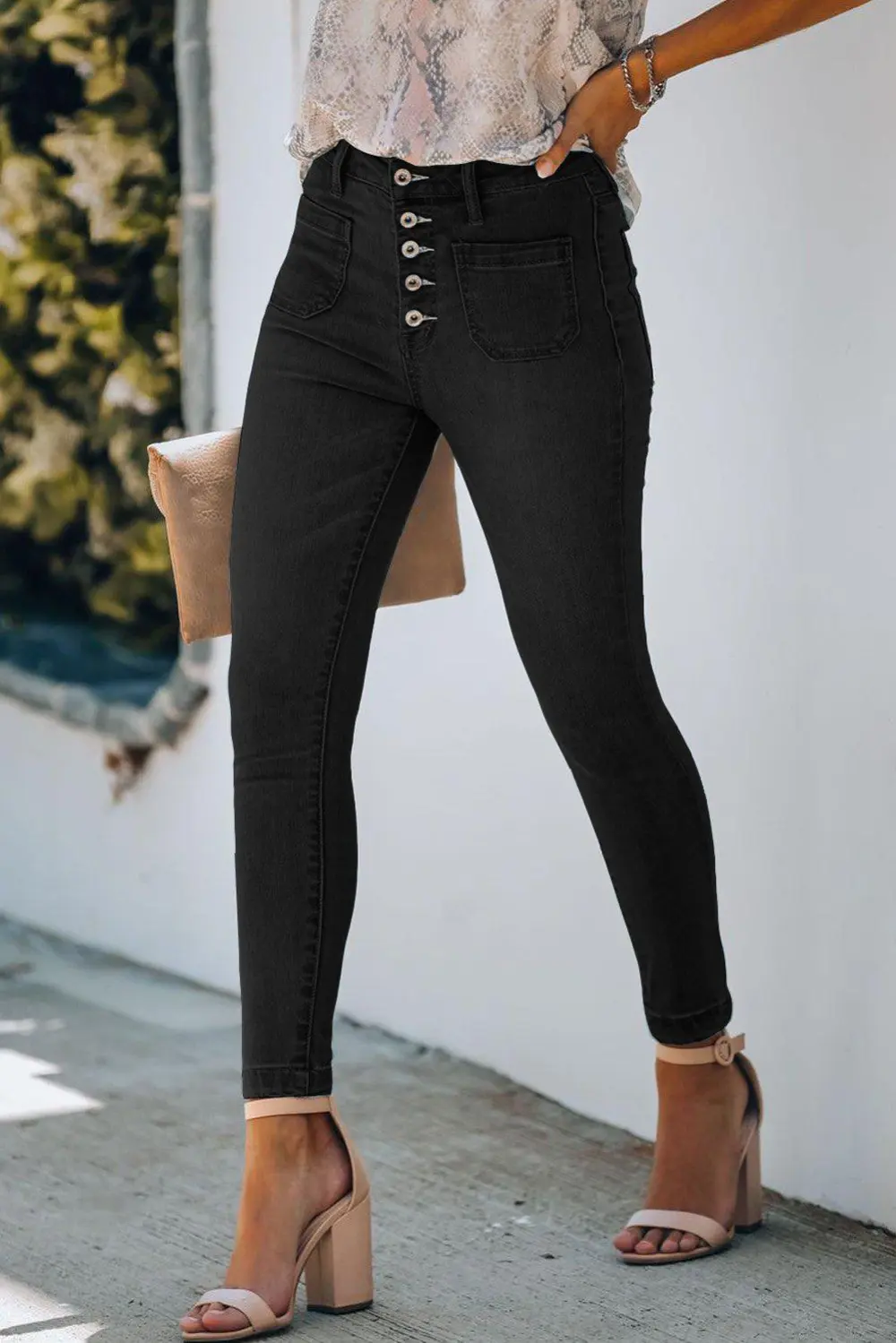 Skinny Button Denim Jeans