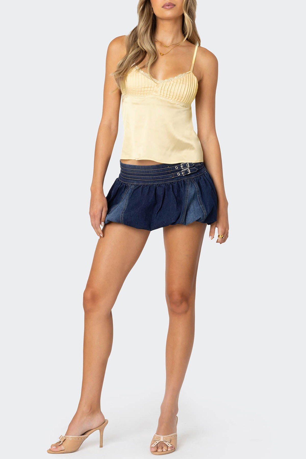 Satin Pleated Lace Trim Tank Top