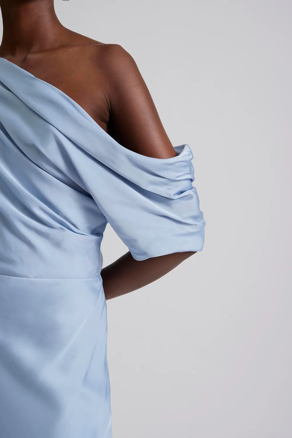 Asymmetrical Shoulder Satin Maxi Dress