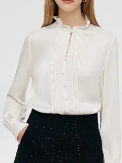 Women's white silk ruffle collar shirt
