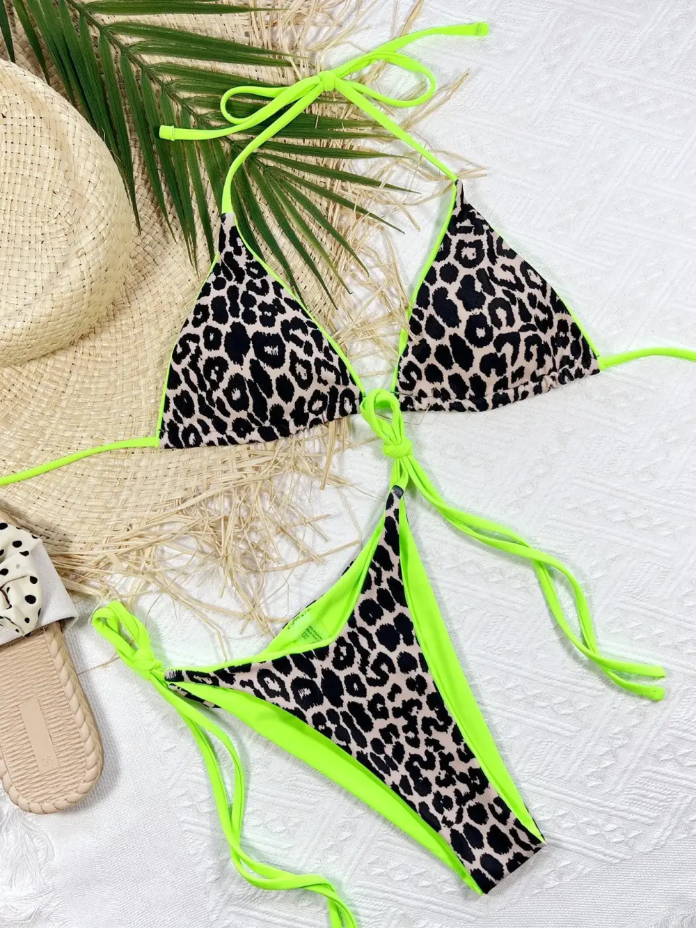 Leopard Print Halter Neck Tie Bikini Swim Set