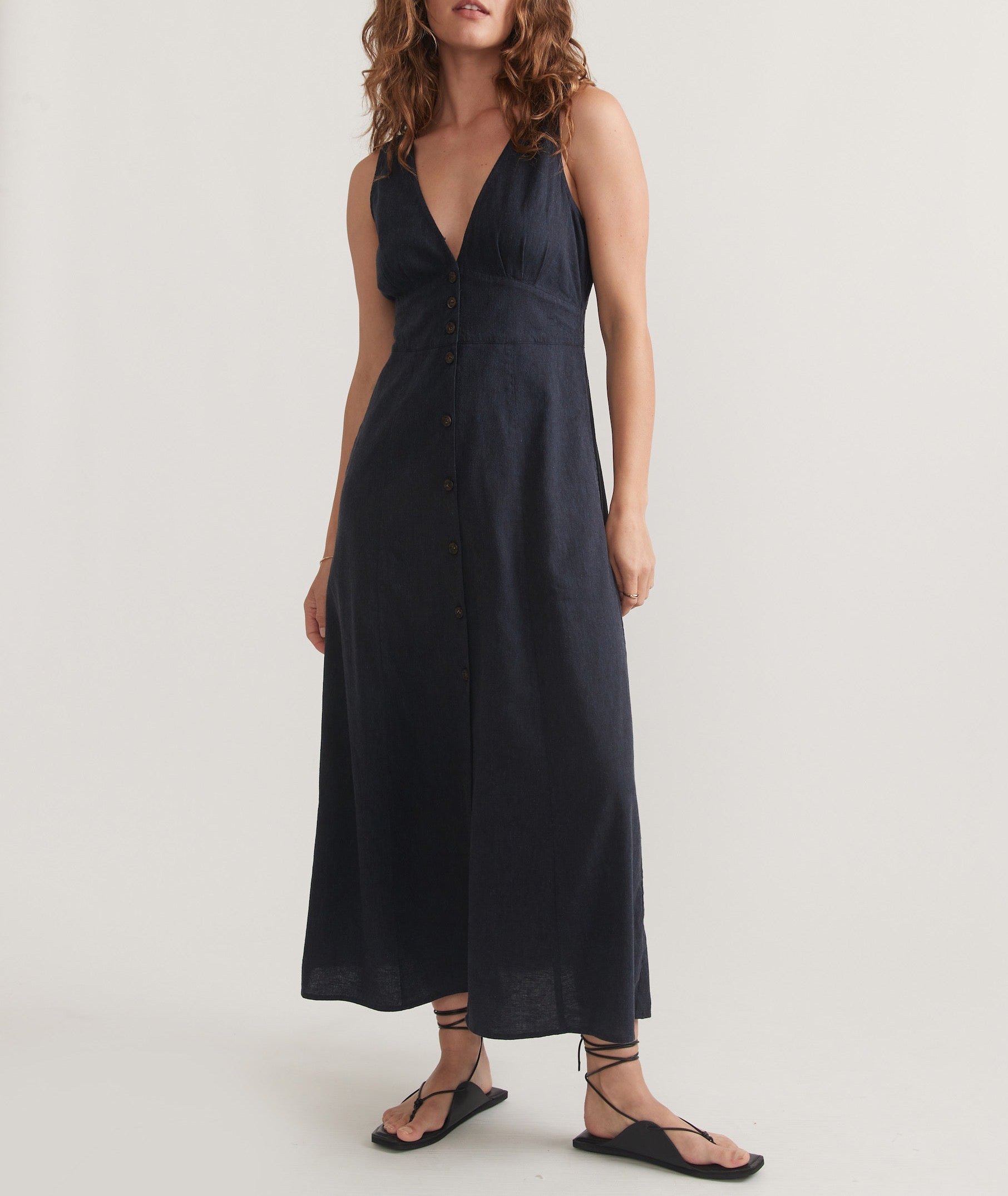 Navy Button-Down Sleeveless Midi Dress