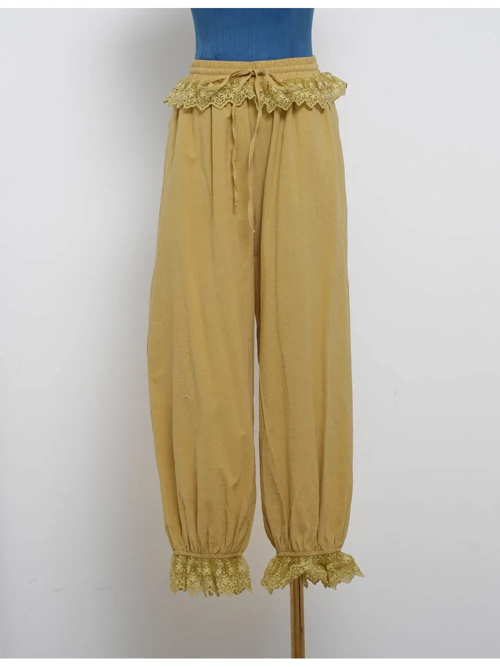 Lace Lantern Leg Elastic Waist Drawstring Pants