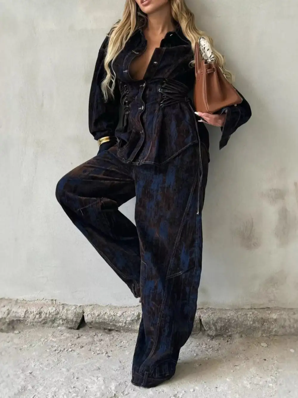 Lace Up Button Up Jacket and Jeans Denim Set