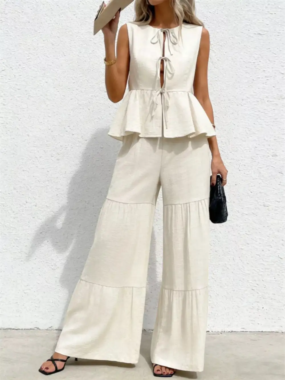 Sleeveless Tie Front Top and Wide Leg Pants Set