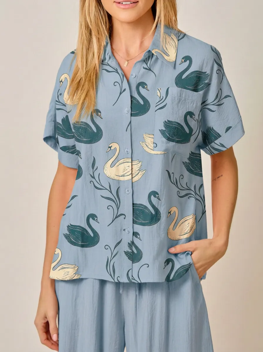 Women's Nature Lover Swan Floral Printed Button-up Shirt