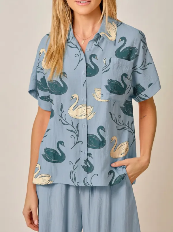 Women's Nature Lover Swan Floral Printed Button-up Shirt