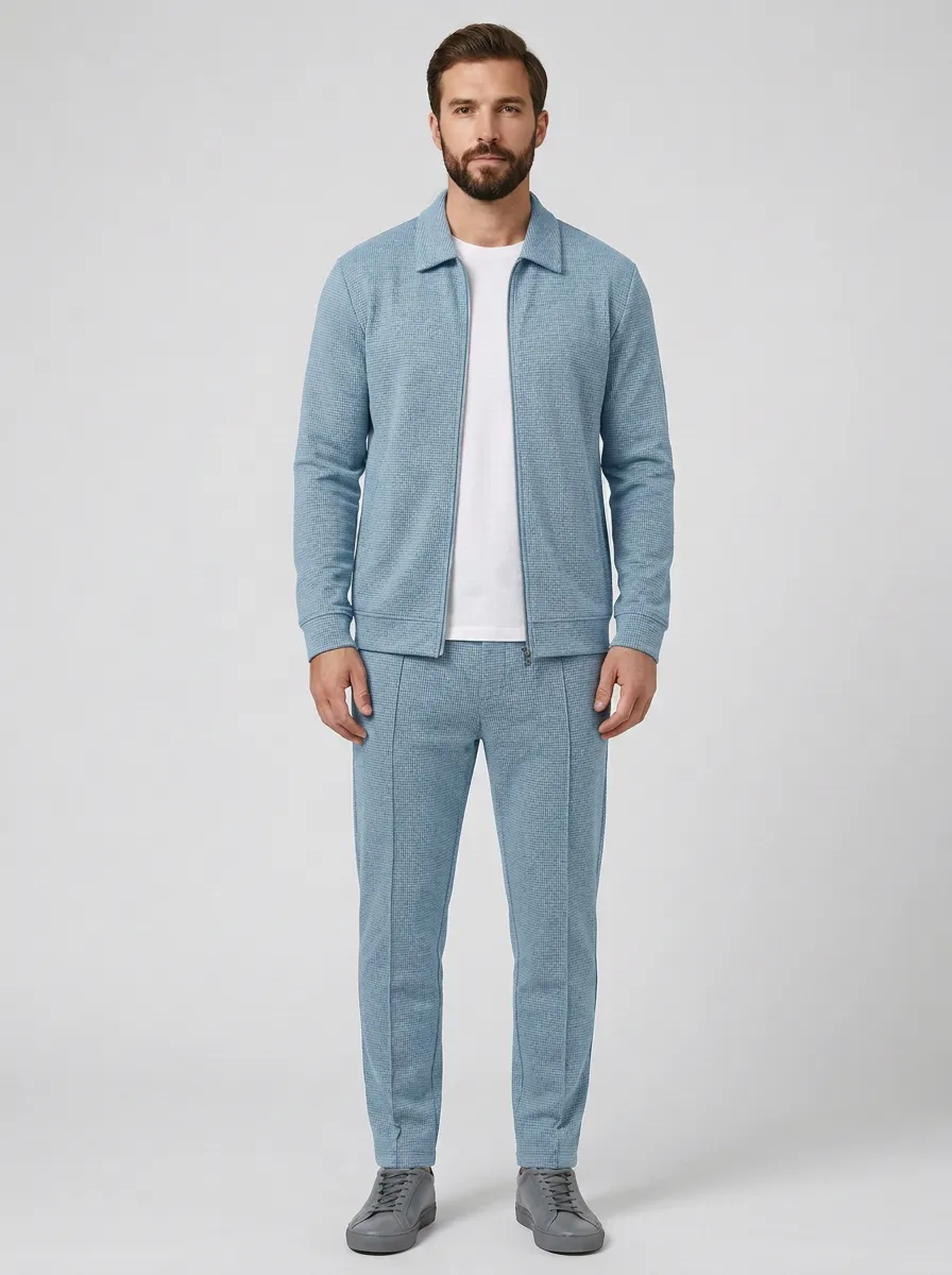 Men's Relaxed Houndstooth Smart Casual Polo Collar Jacket and Jogger Pants Set