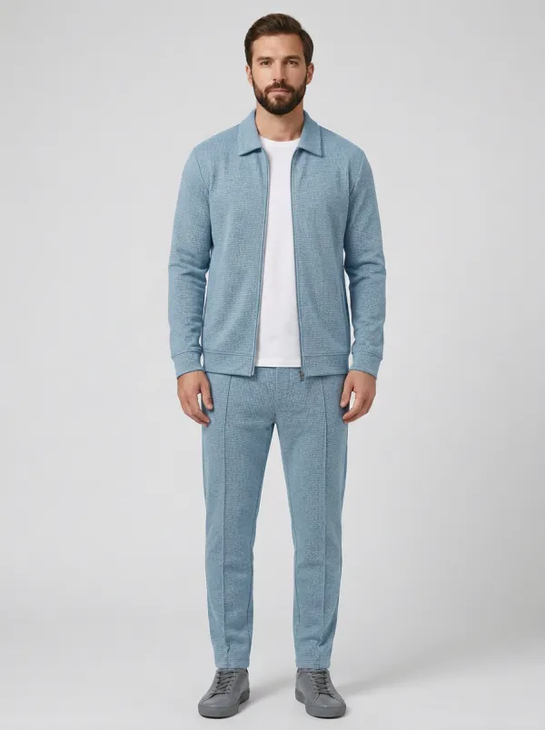 Men's Relaxed Houndstooth Smart Casual Polo Collar Jacket and Jogger Pants Set