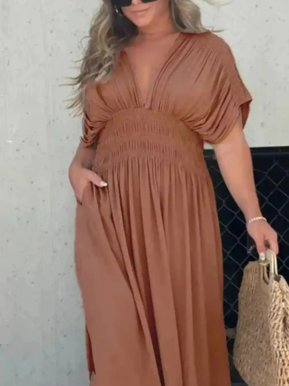 V Neck Smocked Slit Maxi Dress