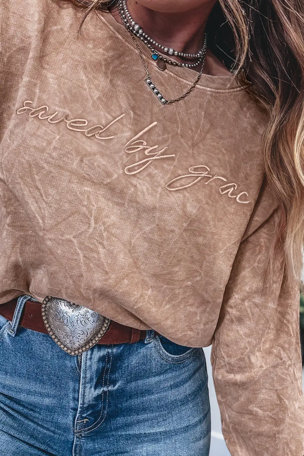 Laid Back Relaxed Embroidered Mineral Wash Letter Graphic Sweatshirt