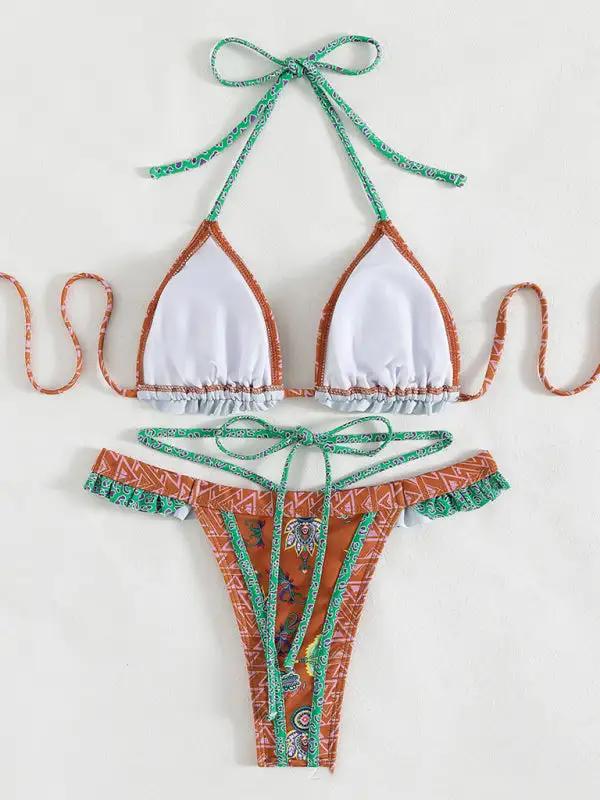 Ethnic Print Halter Neck Tie Bikini Swim Set