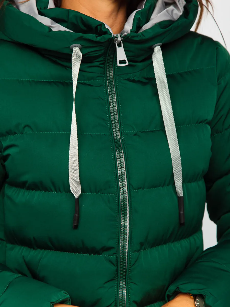 Green Women's Long Quilted Winter Jacket With Hood