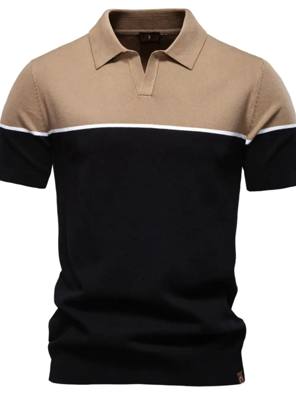 Short-Sleeve Color-Block Contrast-Stitch Ribbed Polo Shirt