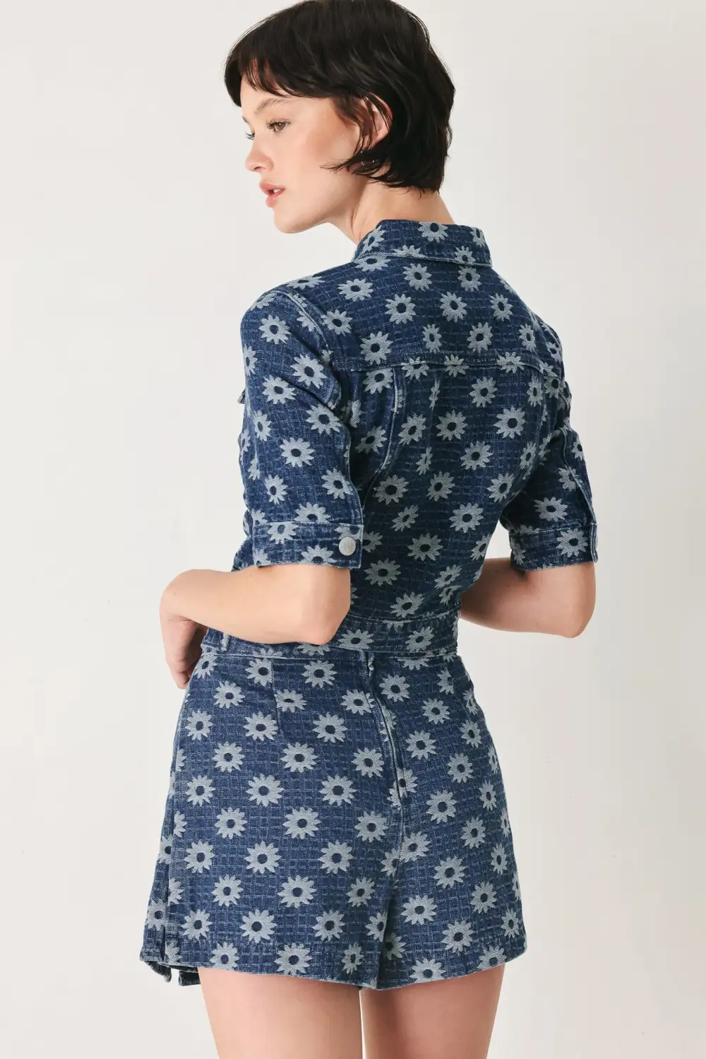 Denim Floral Print Tailored Skort