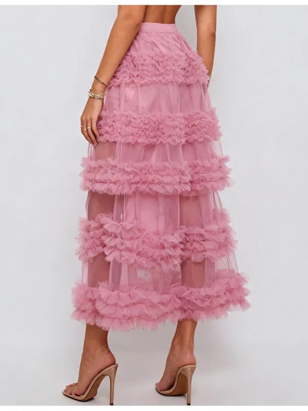 Layered Ruffle Sheer Mesh Elastic Waist Maxi Skirt
