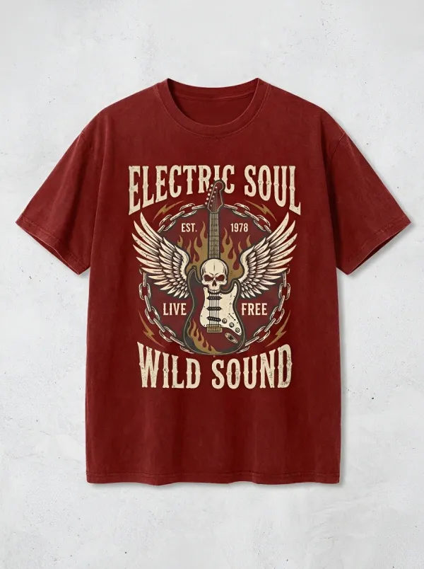 Men's Rock Music Lover Skull Guitar Wings Printed T-shirt