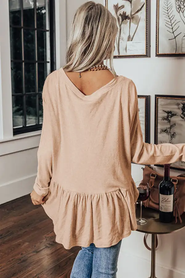 Solid Ruffled Buttoned V Neck Shirt