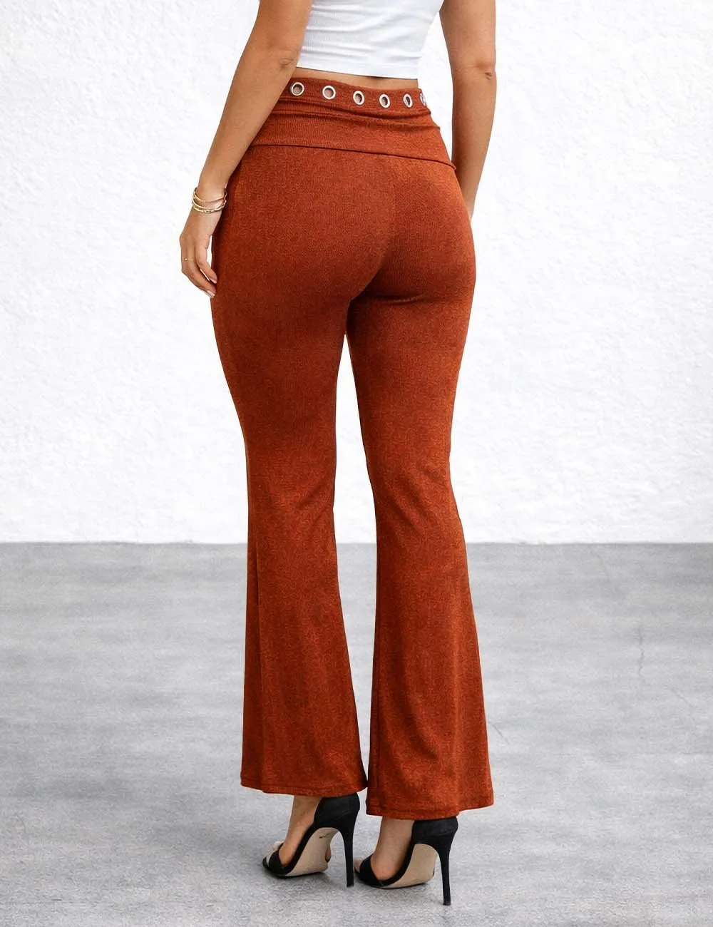 Chic Elastic Waist Flared Leg Metal Eyelet Pants