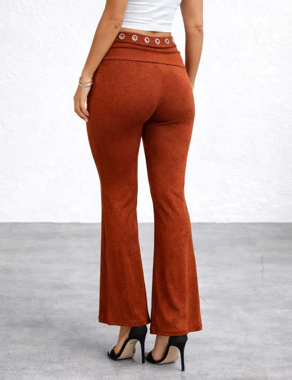 Chic Elastic Waist Flared Leg Metal Eyelet Pants