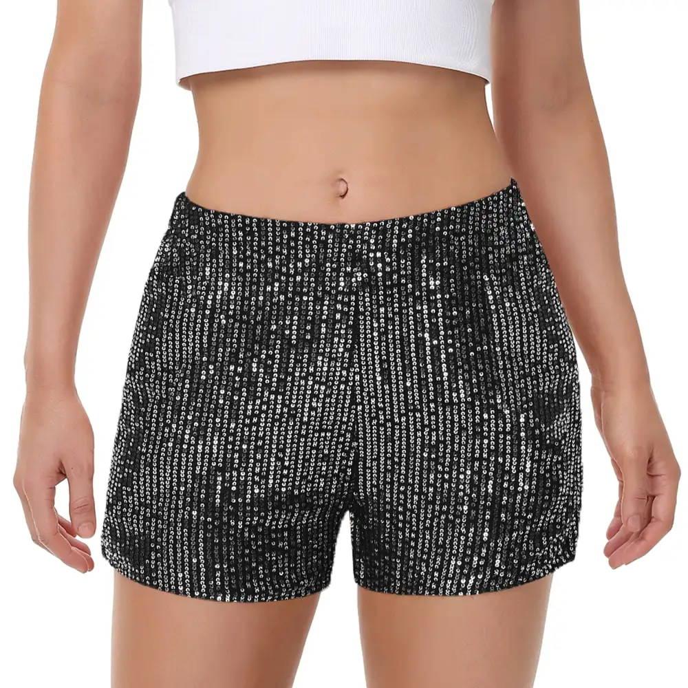 High-Waist Elastic-Waist Pocketed Straight Sequin Shorts