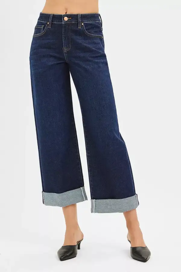 Mid Rise Cuffed Hem Wide Leg Jeans