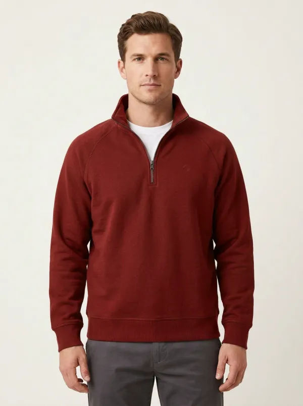 Men's Classic Minimalist Textured Raglan Embroidered Emblem Stand-Collar Quarter-Zip Sweatshirt