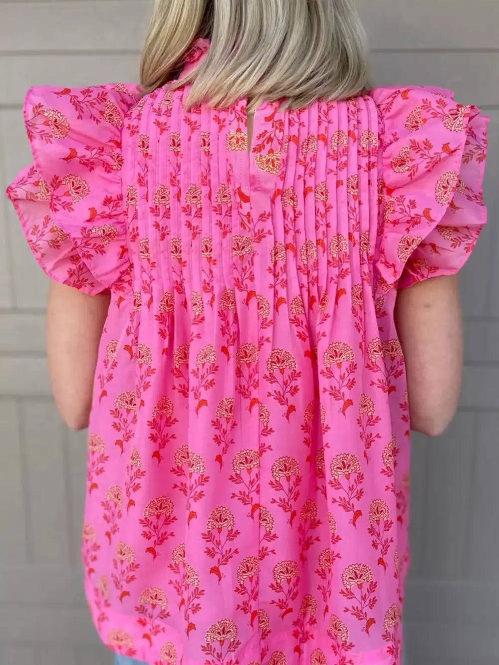 Floral Print Pleated Ruffled Flutter Sleeve Blouse