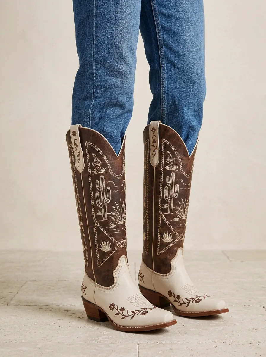 Women's Western Cactus Floral Embroidered Denim Over-the-Knee Boots