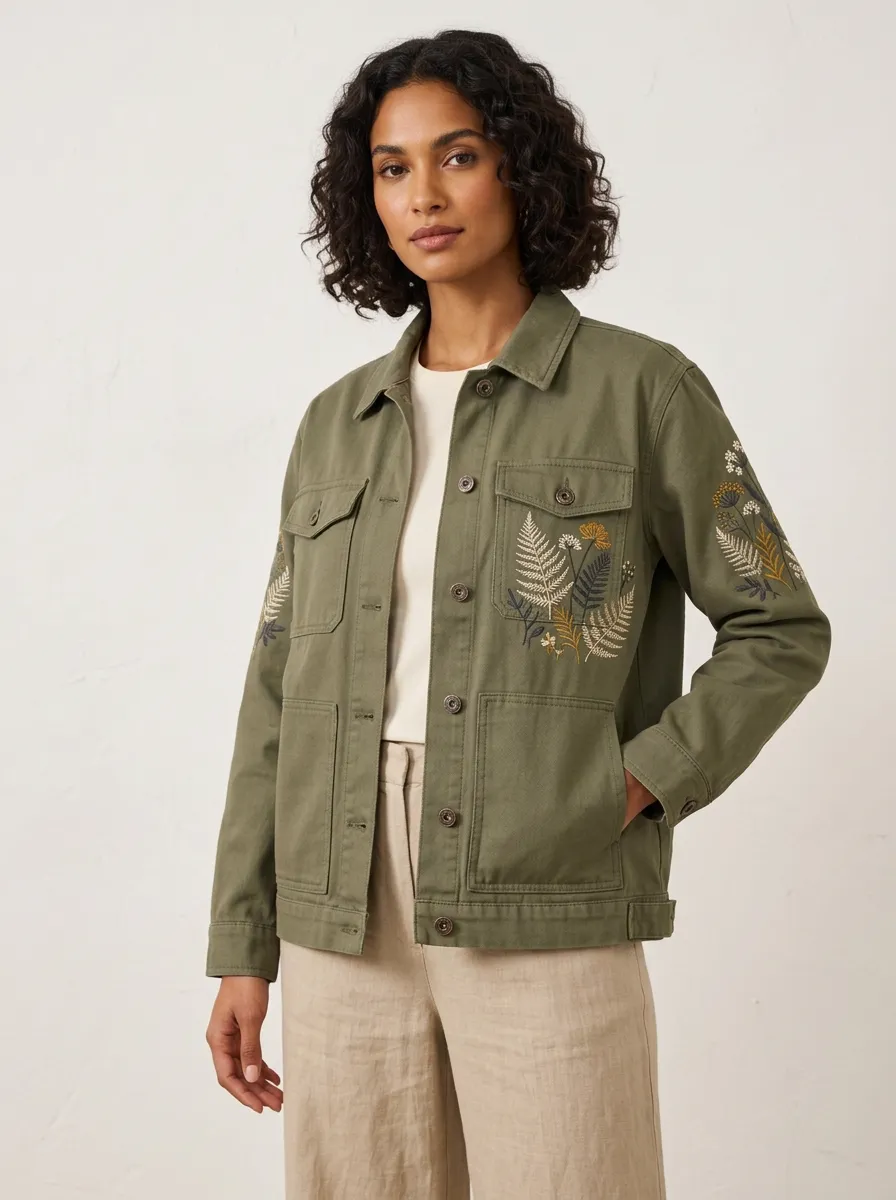 Women's Botanical Fern Embroidered Printed Jacket