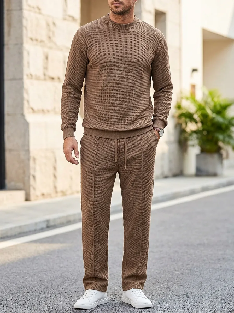 Minimal Waffle Knit Waffle Texture Daily Wear Men's Waffle Knit Lounge Set