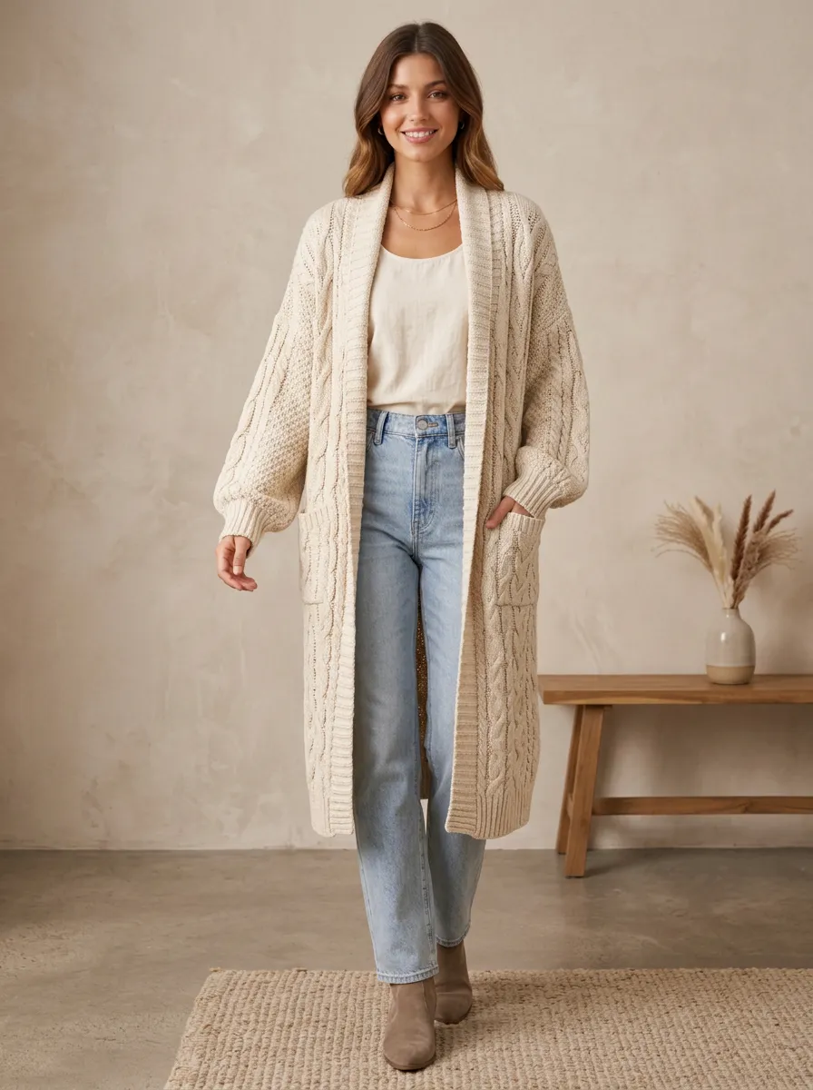 Women's Cable-Knit Open Front Cardigan Oversized
