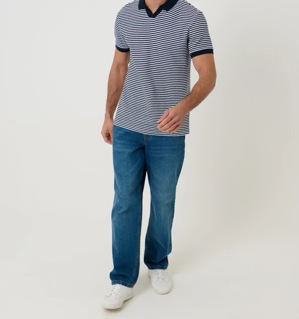Men's Navy & White Stripe Open-Collar Polo Shirt
