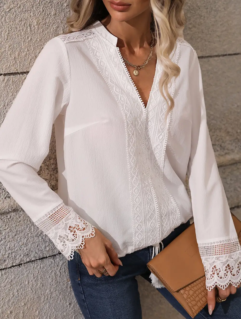 Niche V Neck Lace Tassel Shirt and Blouse