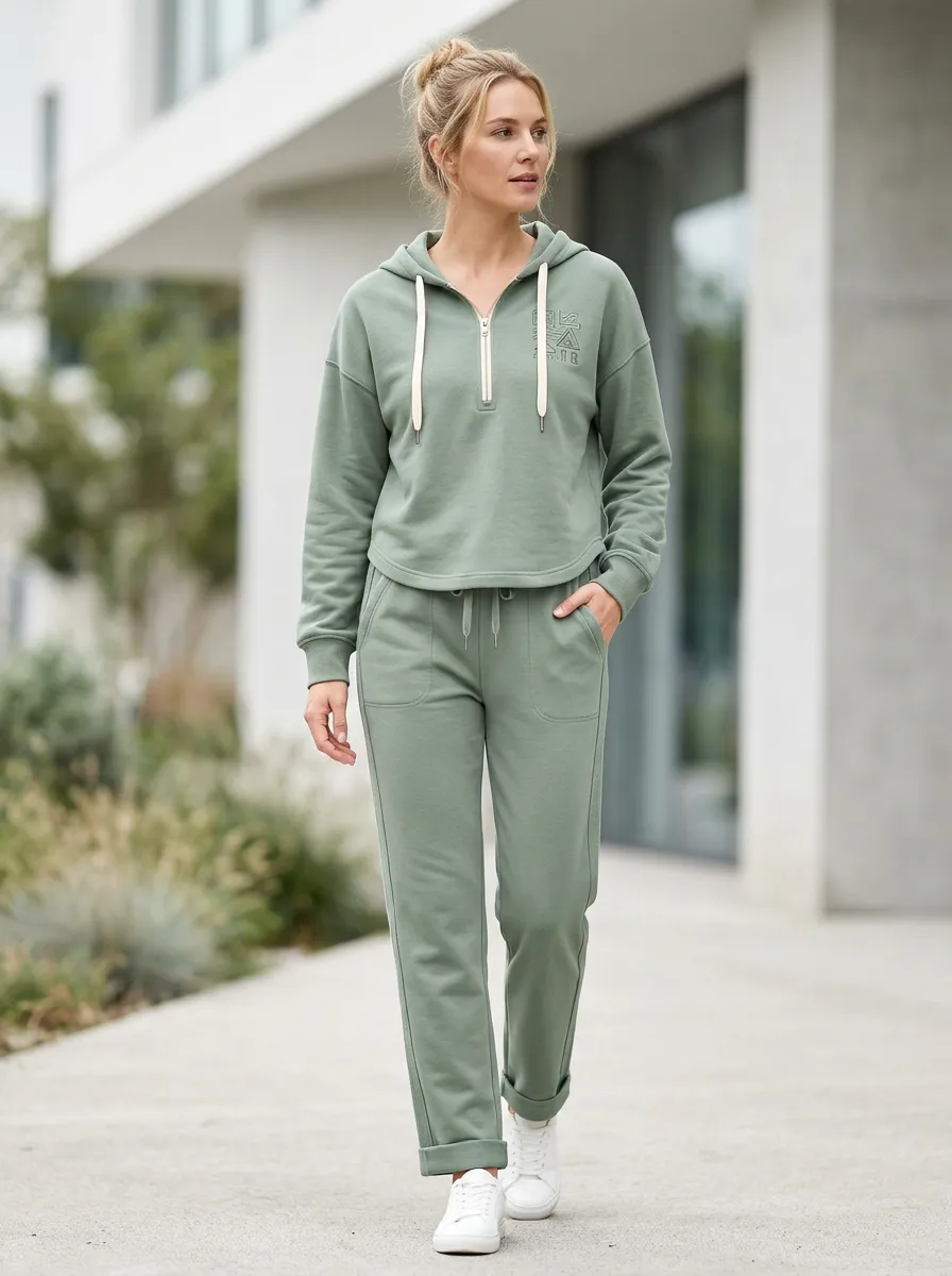 Women's Sage Green Geometric Pattern Printed Hoodie Jogger Set
