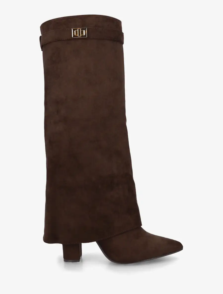 Modern Strap Detail Block Heel Fold-Over Faux Suede Knee High Boots