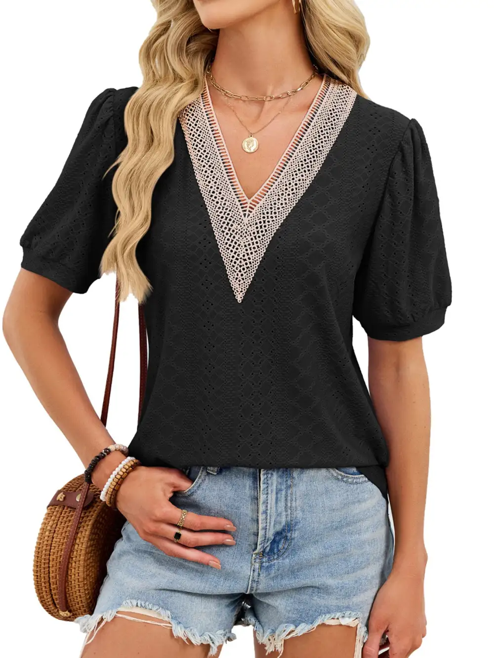 Refined V-Neck Short-Sleeve Lace-Detail T-Shirt