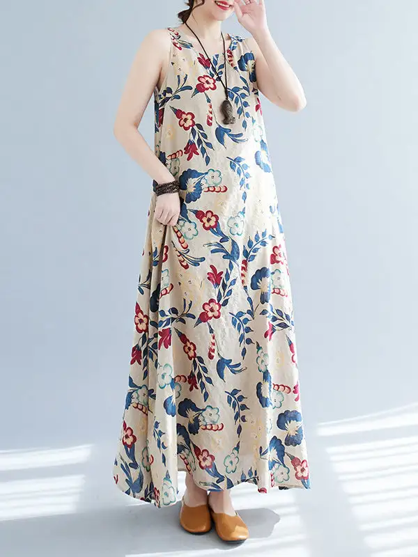 Floral Printed Sleeveless Neck Maxi Dress