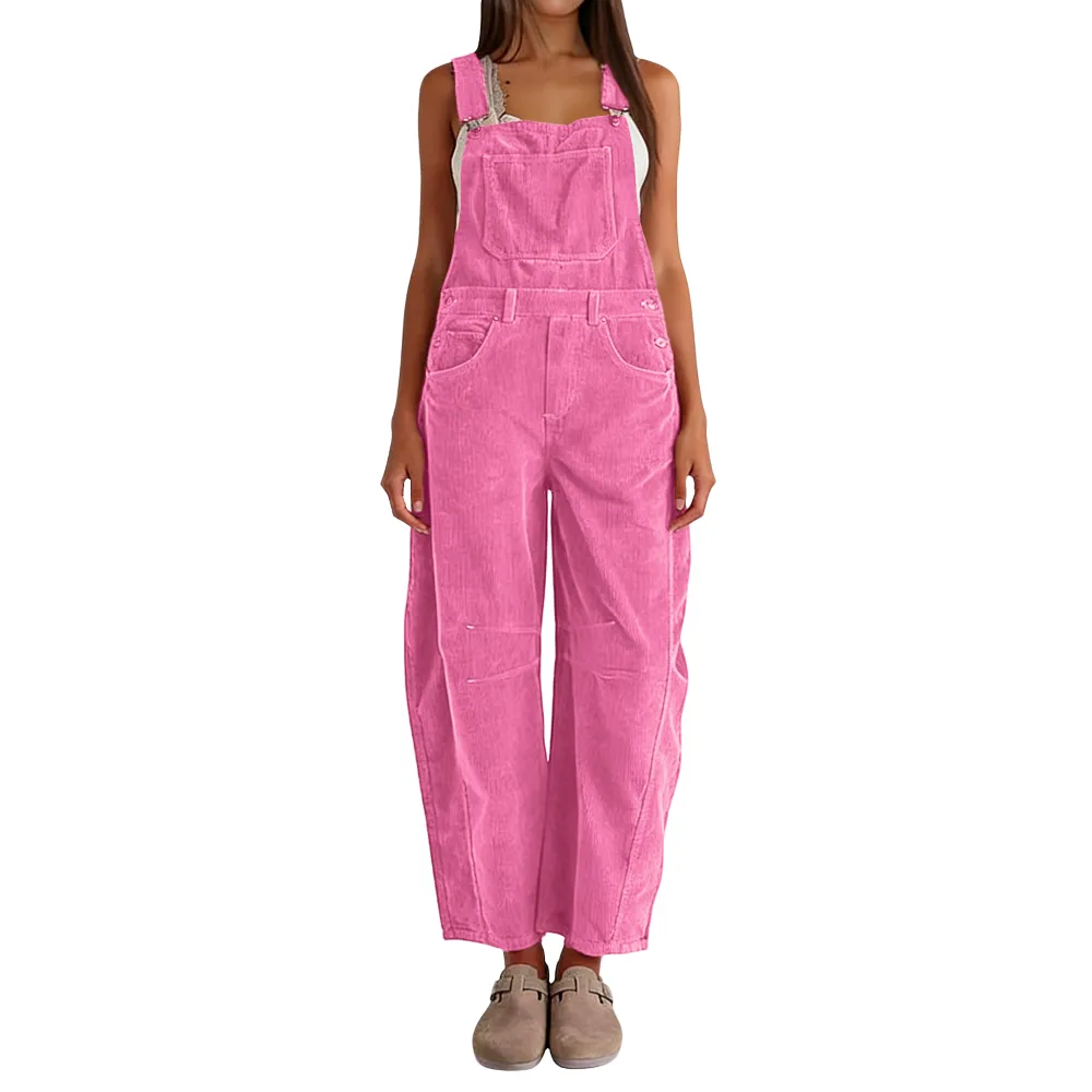 Women Barrel Wide Leg Bib Corduroy Pants