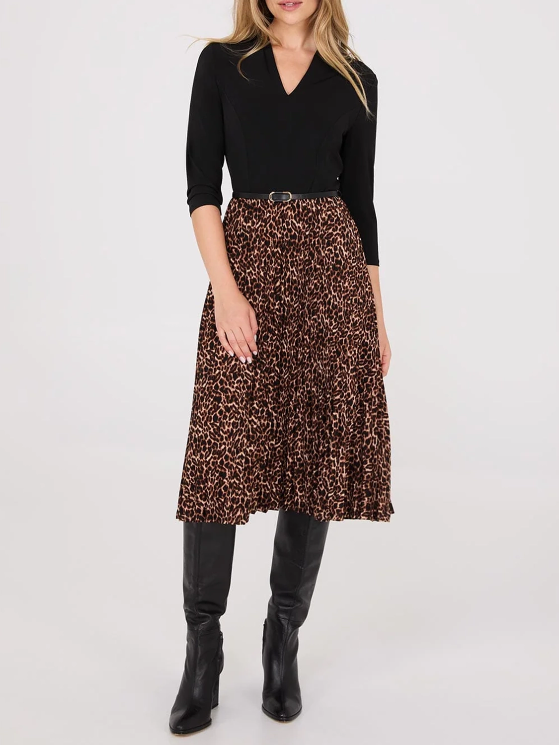 Leopard Print Belted Midi Dress