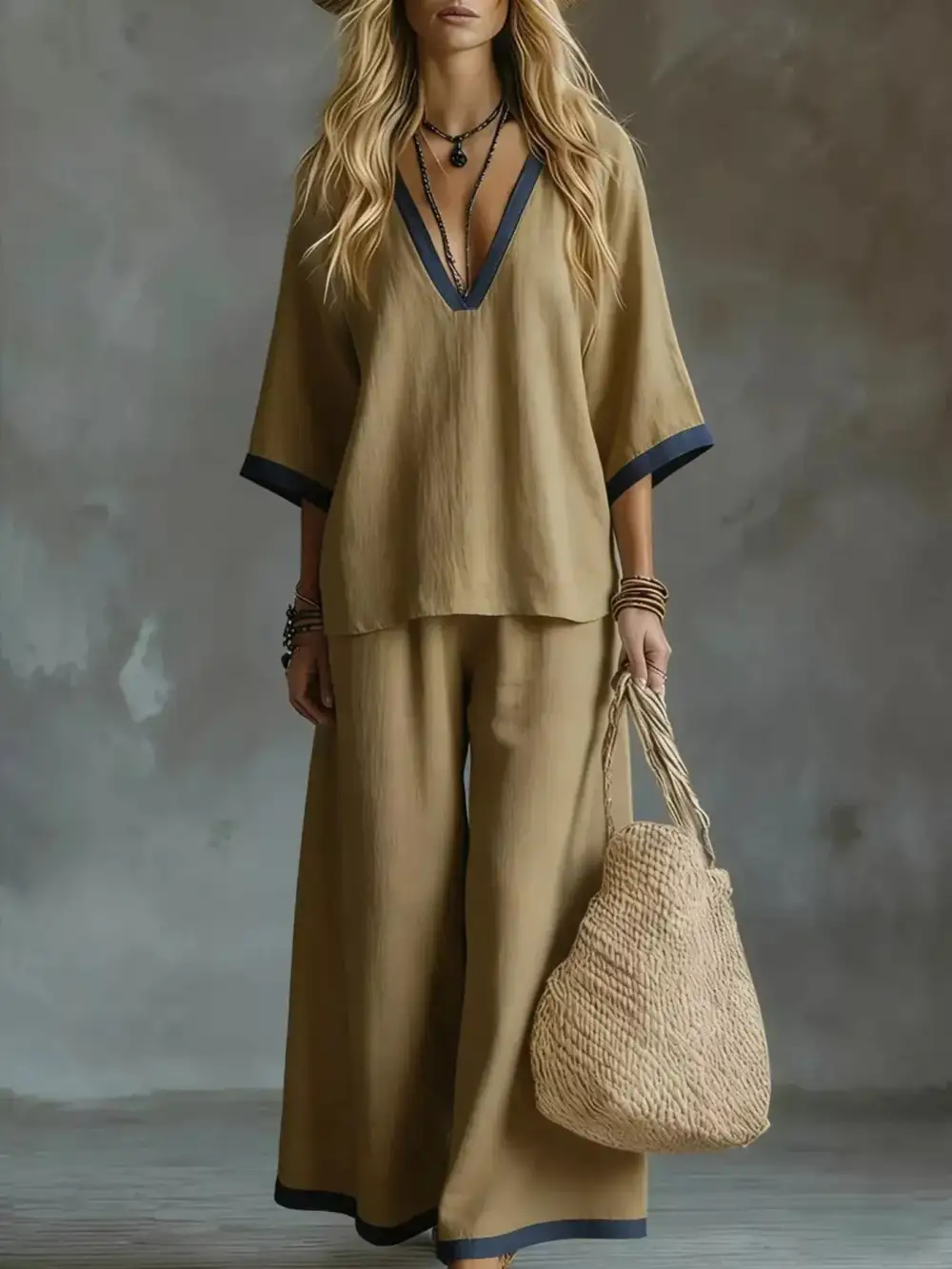 Contrast Trim V Neck Top and Pants Set