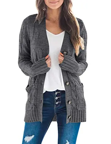 Women's Long Sleeve Cable Knit Sweater Open Front Cardigan Button Loose Outerwear