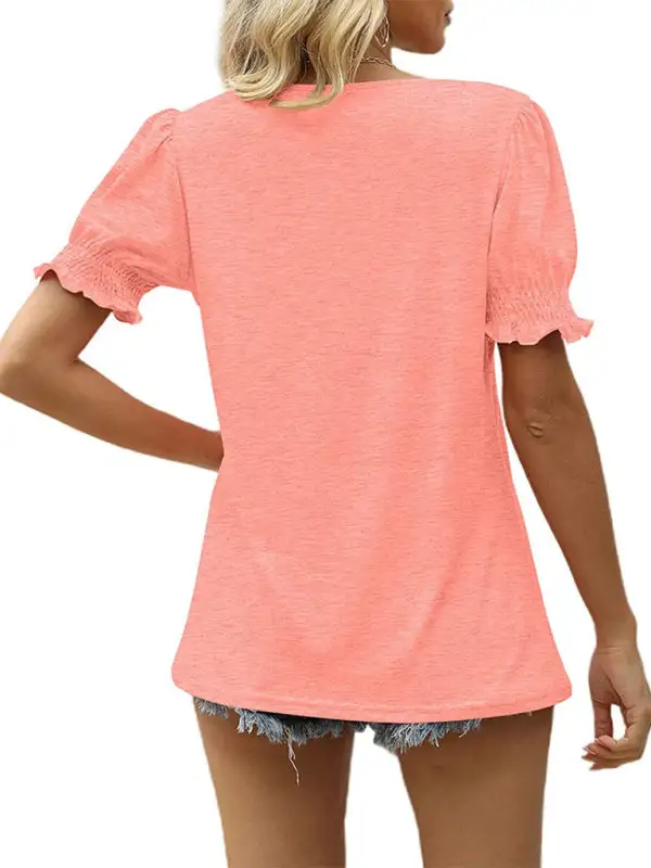 V-Neck Collared Short-Sleeve Puff-Sleeve T-Shirt