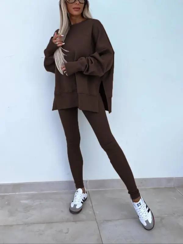 🔥6 PACKS $23.97🔥Women Casual Two Piece Outfits Oversized Pullover Sweatshirts with Thumb Hole Slit Ribbed Pants