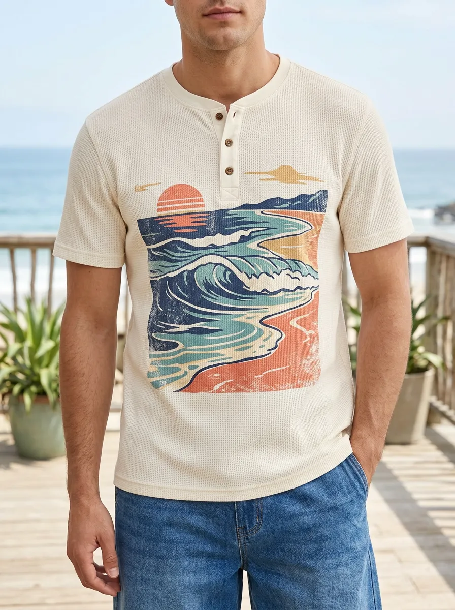 Men's Relaxed Beach Lover Sunset Ocean Wave Henley T-Shirt