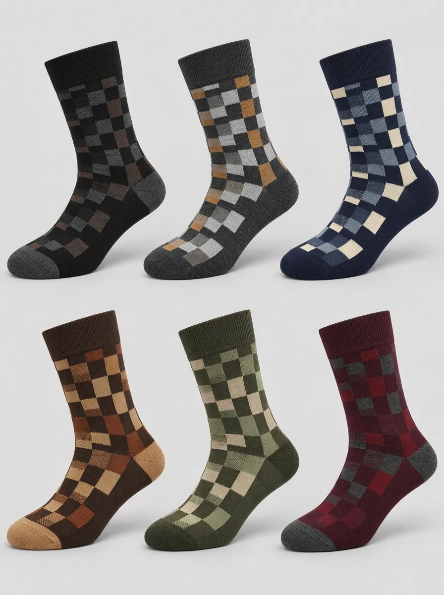 Men's Multicolor Checkered Pattern Geometric Crew Socks 6-Pack