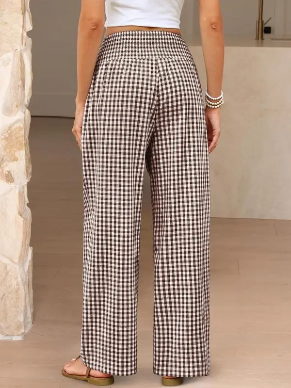 Women's High-Waisted Casual Striped And Checkered Wide-Leg Pants